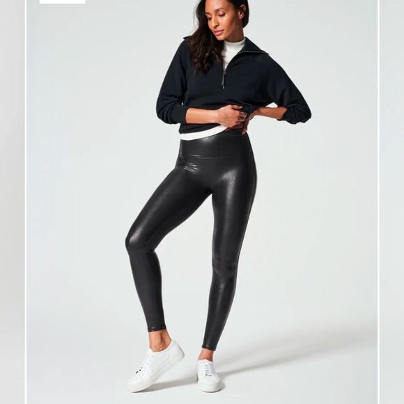 Spanx Women Black Faux Leather Leggings stretch size large new with tags! - Picture 2 of 12